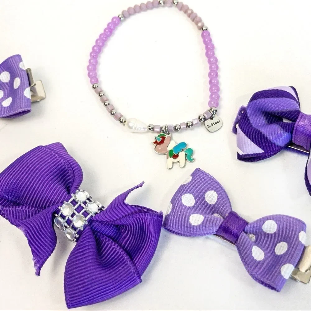 Purple Hair Bow Barettes Bundle with Unicorn Charm